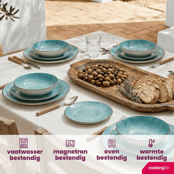Cookinglife Serviesset Tela Blauw Porselein 12-delig / 4 personen - 4 dinerborden, 4 ontbijtborden en 4 diepe borden