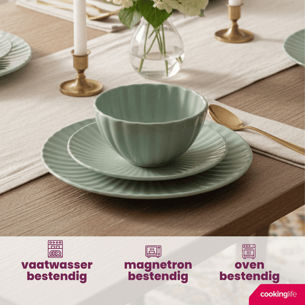 Cookinglife Serviesset Cardida Groen 18-delig / 6 personen - 6 dinerborden, 6 ontbijtborden en 6 kommen