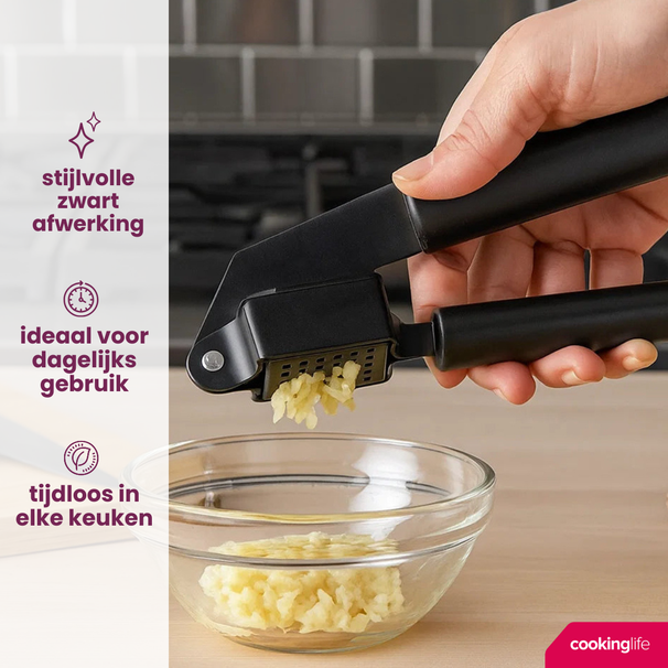 Cookinglife Knoflookpers Zwart 19 cm - Knoflookpers voor verse knoflook - Eenvoudig te reinigen - Stevig RVS persgedeelte - Comfortabele kunststof handgrepen - Duurzaam en stijlvol - 190 x 50 x 30 mm - Keukengerei - Keuken accessoires