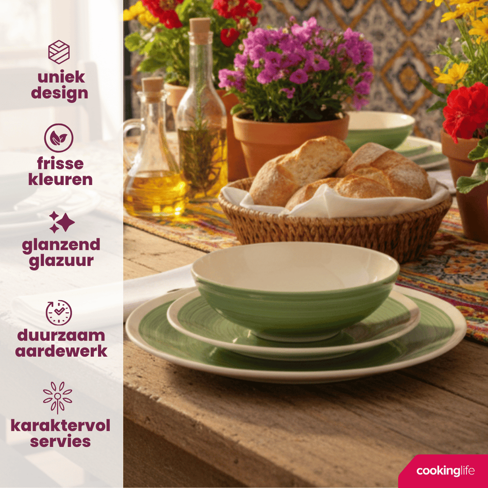 Cookinglife Serviesset Oceanico Groen 12-delig / 4 Personen - 4 dinerborden, 4 ontbijtborden en 4 kommen