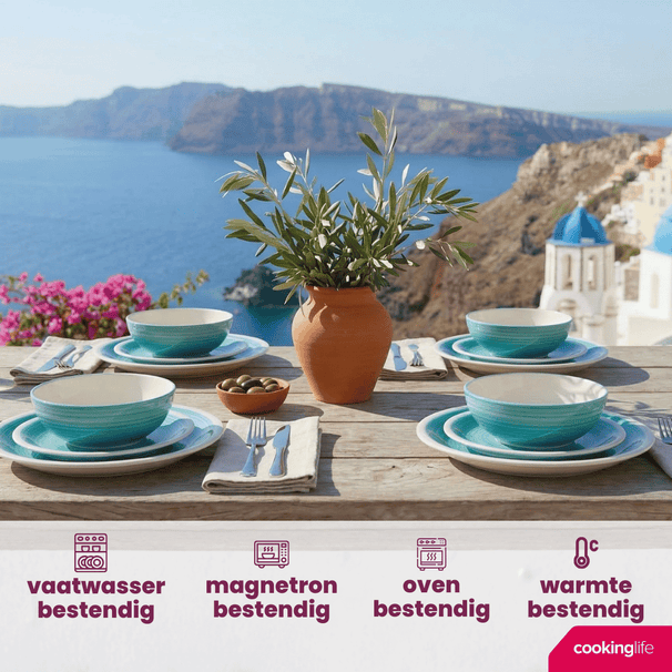 Cookinglife Serviesset Oceanico Turquoise 12-delig / 4 Personen - 4 dinerborden, 4 ontbijtborden en 4 kommen