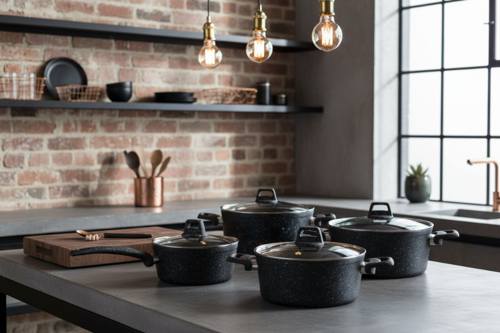 Pannenset Black Speckle 4-Delig - Aluminium - Kookpan ø 20, 22, 24 cm & Steelpan ø 18 cm - Geschikt voor alle warmtebronnen - standaard anti-aanbaklaag - Cookinglife