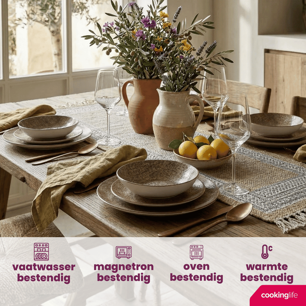 Cookinglife Serviesset Tela Bruin Porselein 12-delig / 4 pesonen - 4 dinerborden, 4 ontbijtborden en 4 diepe borden