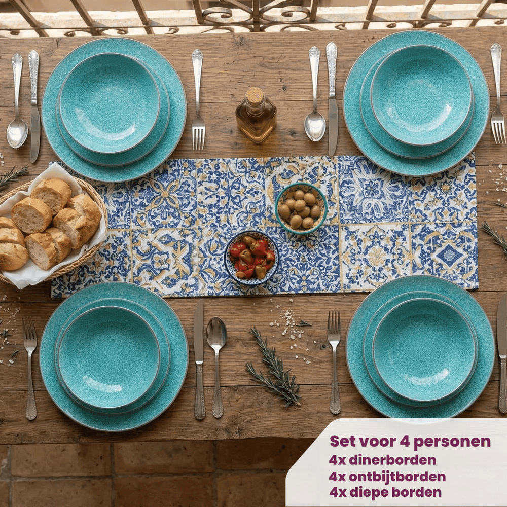 Cookinglife Serviesset Tela Groen Porselein 12-delig / 4 pesonen - 4 dinerborden, 4 ontbijtborden en 4 diepe borden