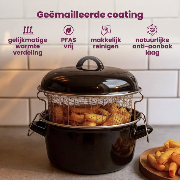Cookinglife Oliebollenpan - Frituurpan - Braadpan - emaille - met mand - ø 24 cm / 4 liter