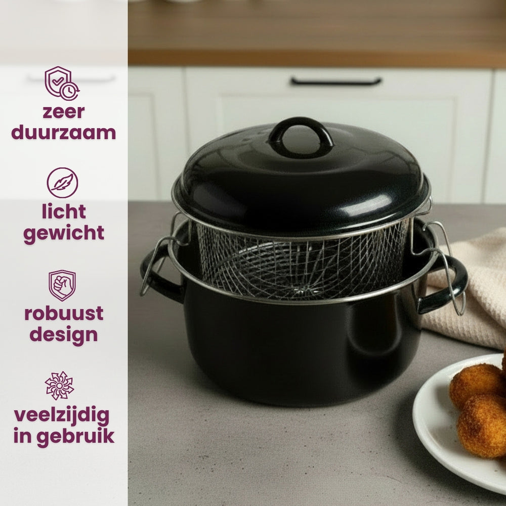 Cookinglife Oliebollenpan - Frituurpan - Braadpan - emaille - met mand - ø 24 cm / 4 liter