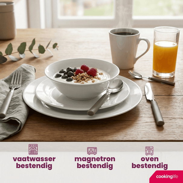 Cookinglife Serviesset  Porselein Wit 36-delig / 4 personen - 4 dinerborden, 4 ontbijtborden, 4 kommen, 4 mokken, 4 waterglazen en 4 besteksetjes