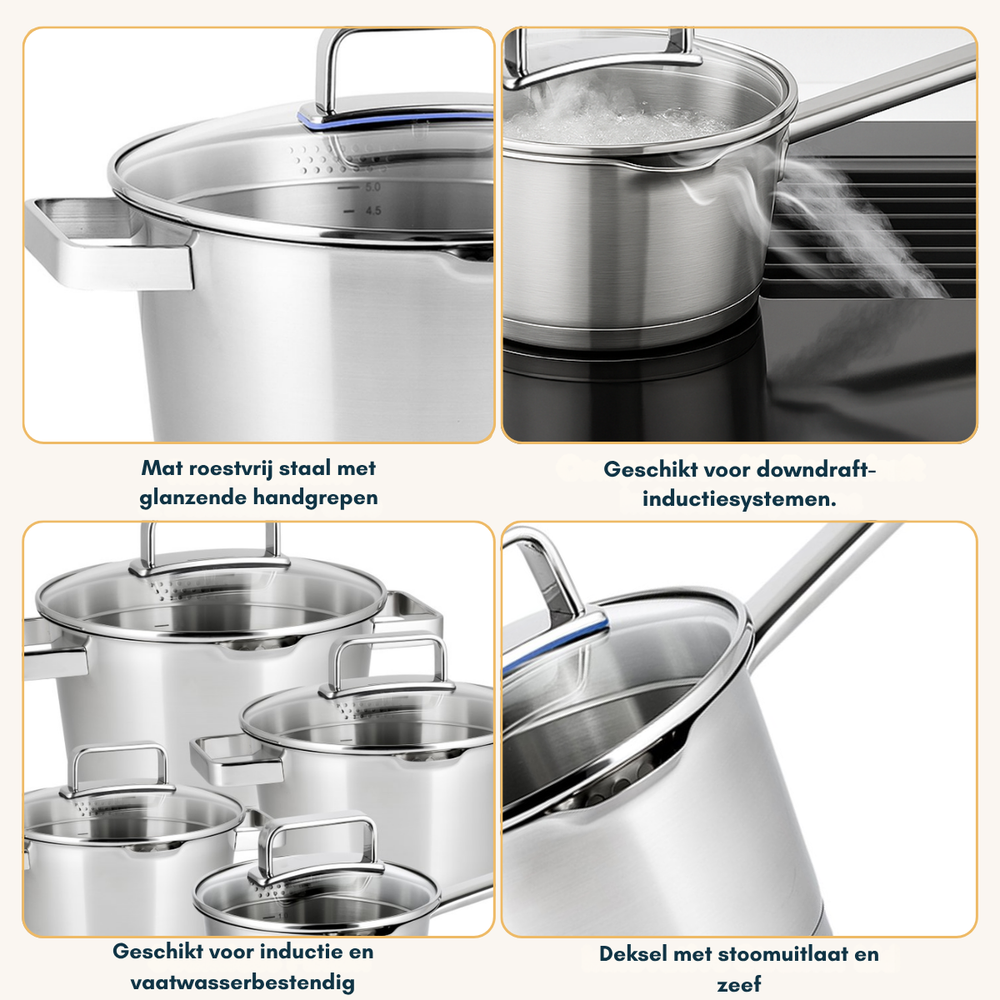 Sola Pannenset Diamond - RVS - Kookpan ø 16, 18, 20, 24 cm & Steelpan ø 16 cm - Inductie geschikt - 5 Delig