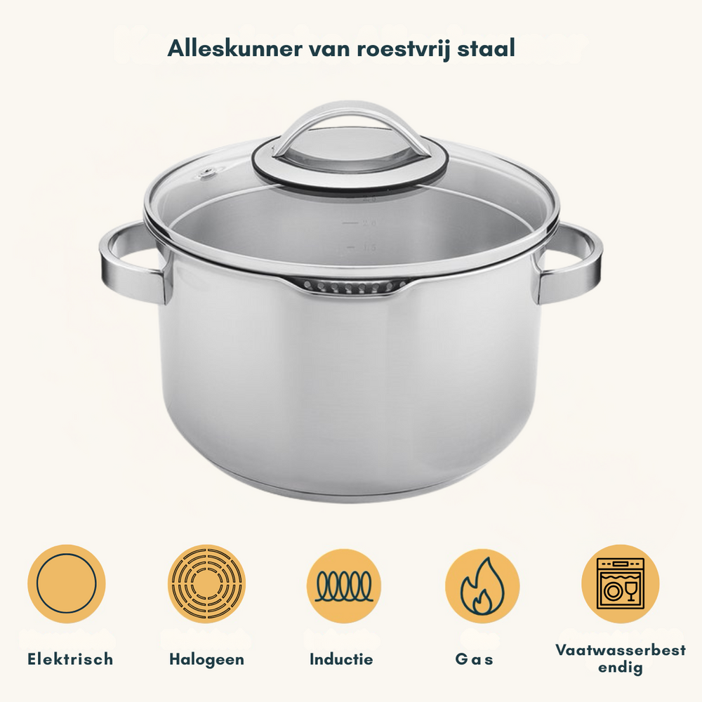 Sola Pannenset Diamond - RVS - Kookpan ø 16, 18, 20, 24 cm & Steelpan ø 16 cm - Inductie geschikt - 5 Delig