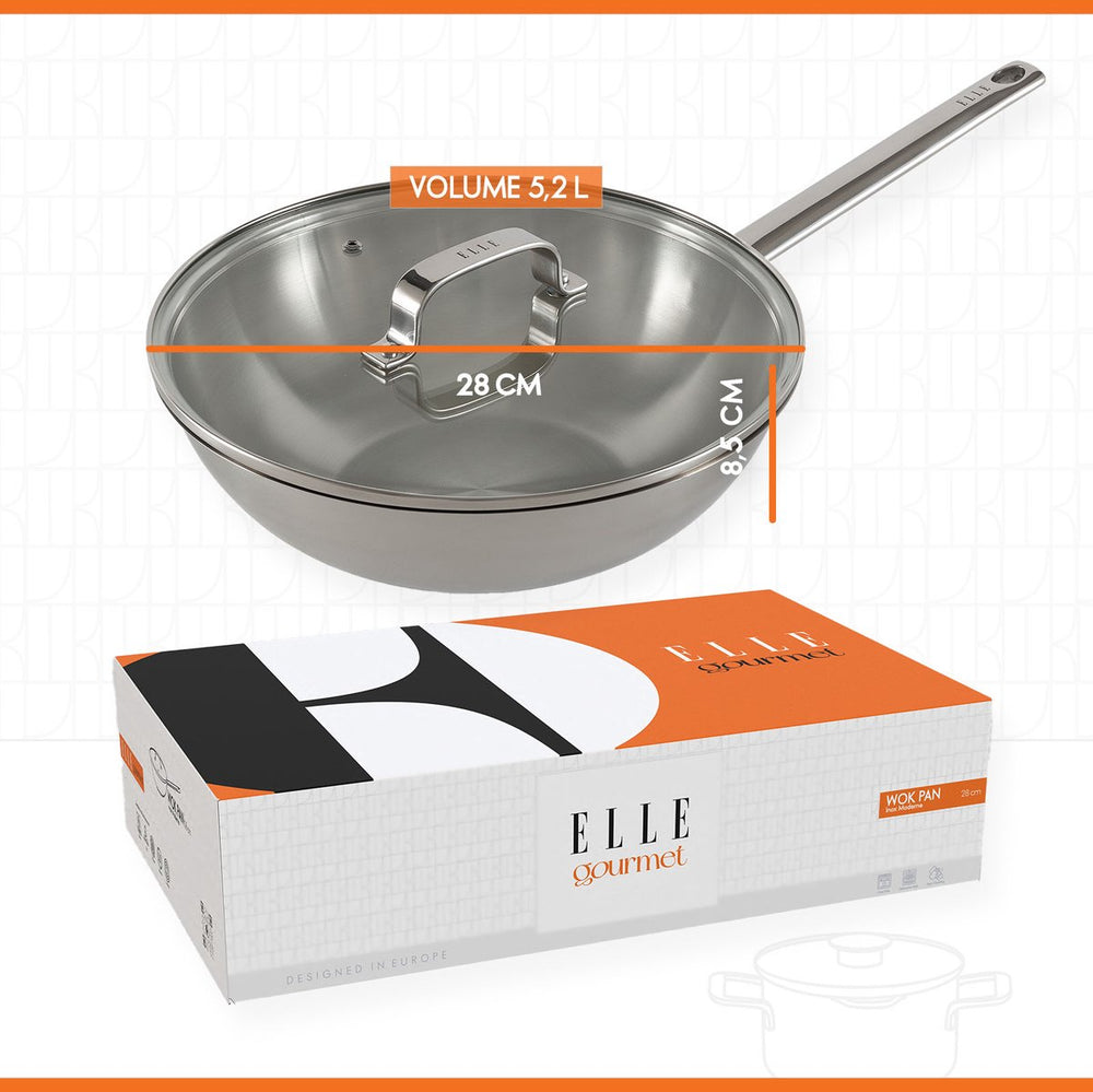 ELLE Gourmet Moderne Wokpan met Deksel - Ø 28 cm  - Zonder anti-aanbaklaag - RVS