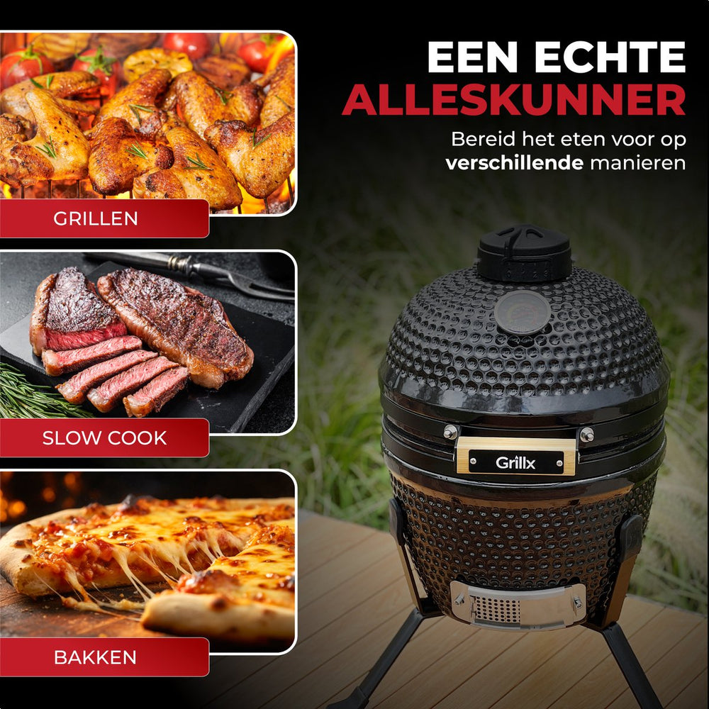 GrillX Kamado BBQ - 13 Inch - Inclusief Opberghoes - Barbecue Egg - Houtskool Barbecue - Zwart - Ø 27 cm