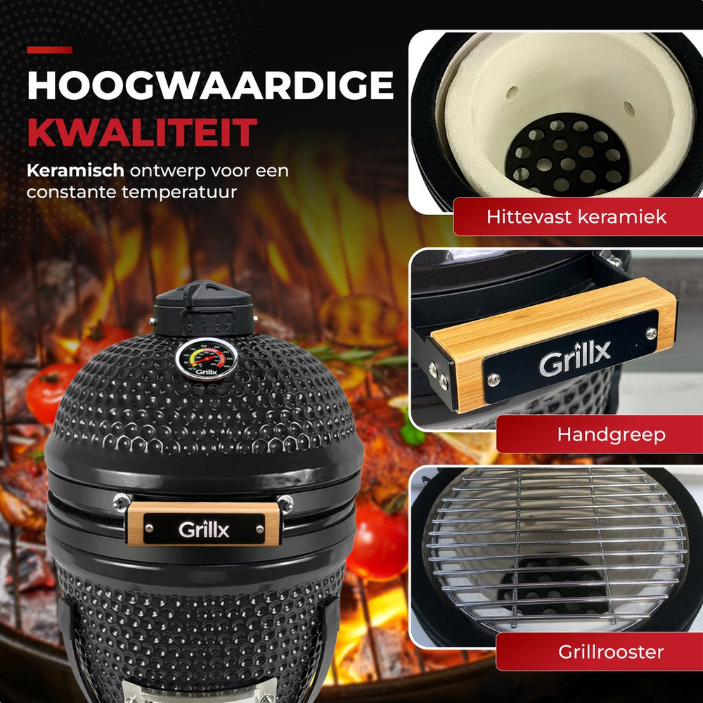 GrillX Kamado BBQ - 13 Inch - Inclusief Opberghoes - Barbecue Egg - Houtskool Barbecue - Zwart - Ø 27 cm