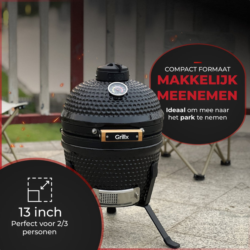 GrillX Kamado BBQ - 13 Inch - Inclusief Opberghoes - Barbecue Egg - Houtskool Barbecue - Zwart - Ø 27 cm