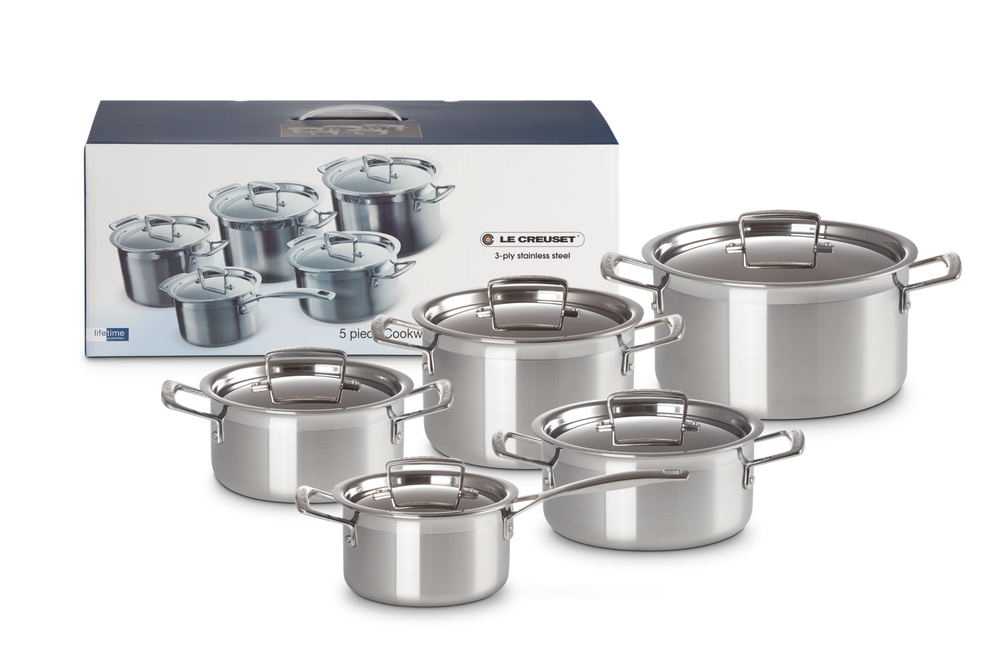 Le Creuset 5 delige Pannenset Magnetik - TriPly RVS - Inductie - 4 Kookpannen + Steelpan - inclusief deksels