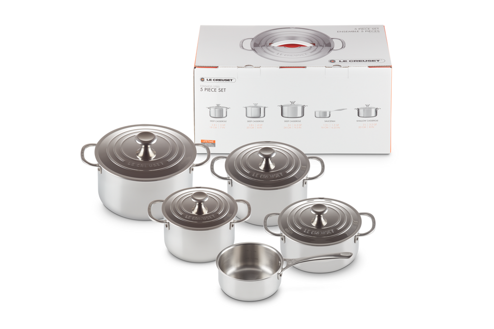 Set de Poêles Signature Le Creuset 5 pièces - Inox -Induction - 4 poêles + Casserole - comprenant 4 couvercles