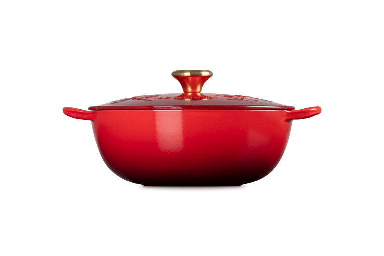 Le Creuset Poêle Marmite avec Bouton Doré - Houx Noël - Rouge Cerise - ø 26 cm / 4,1 Litre