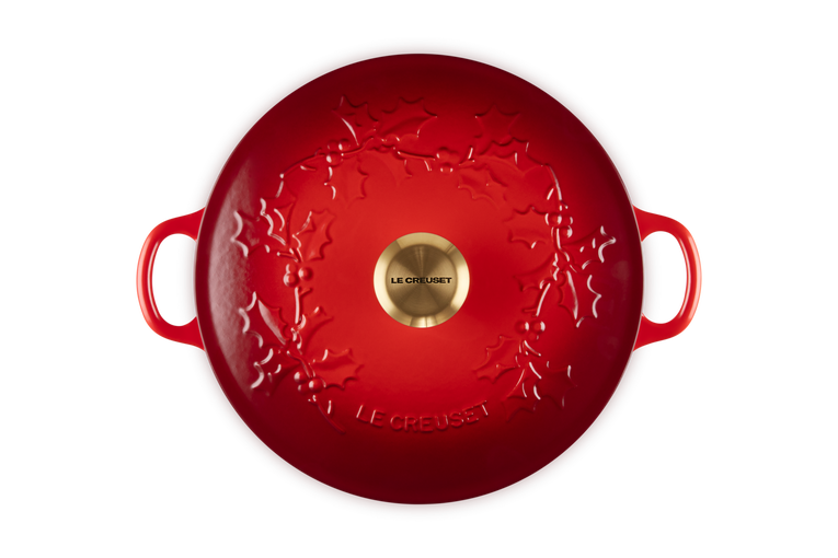 Le Creuset Poêle Marmite avec Bouton Doré - Houx Noël - Rouge Cerise - ø 26 cm / 4,1 Litre