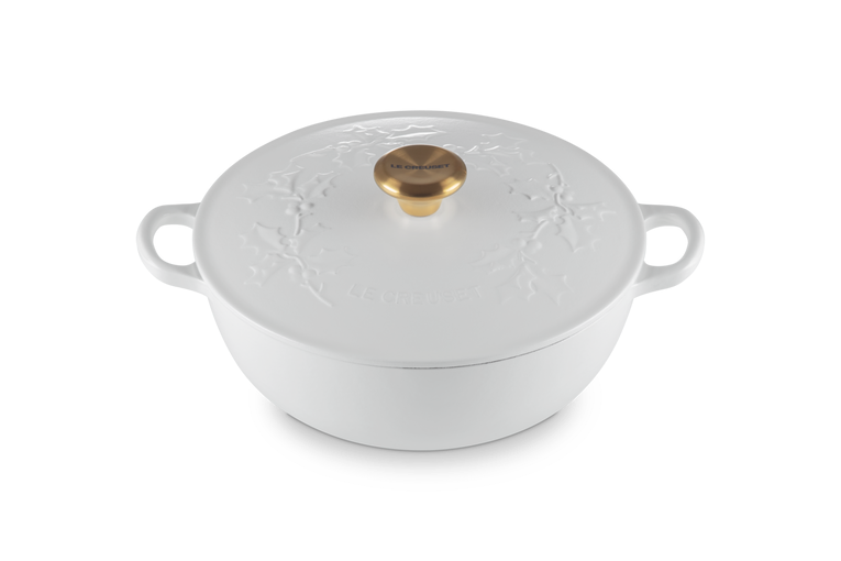 Le Creuset Poêle Marmite avec Bouton Doré - Holly Christmas - Blanc - ø 26 cm / 4,1 Litre