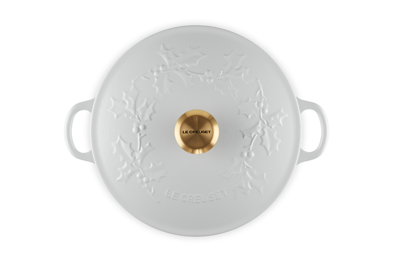 Le Creuset Poêle Marmite avec Bouton Doré - Holly Christmas - Blanc - ø 26 cm / 4,1 Litre