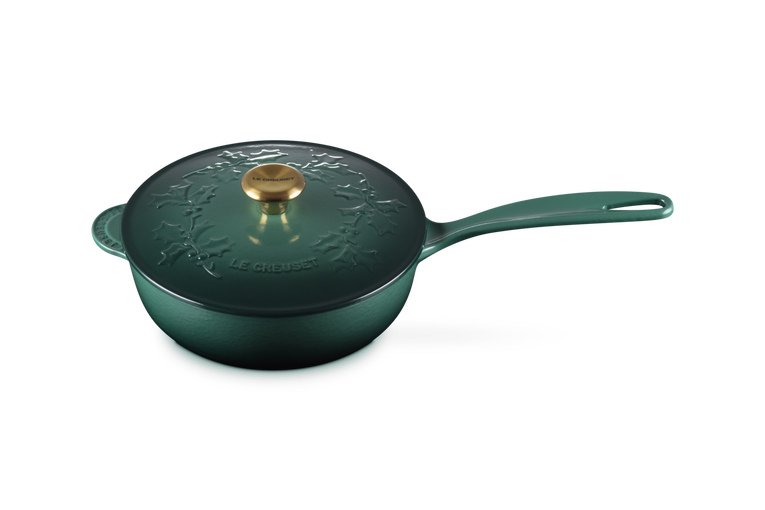 Le Creuset Casserole en Fonte - Bouton Doré - Houx de Noël - Vert Artichaut - ø 21 cm / 2 Litre