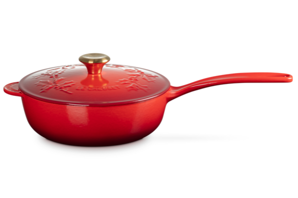 Le Creuset Casserole en Fonte - Bouton Doré - Houx Noël - Rouge Cerise - ø 21 cm / 2 Litre