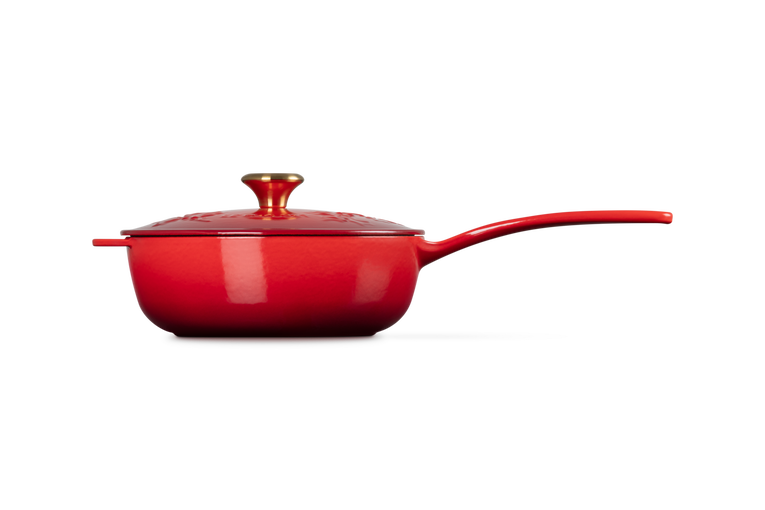 Le Creuset Casserole en Fonte - Bouton Doré - Houx Noël - Rouge Cerise - ø 21 cm / 2 Litre