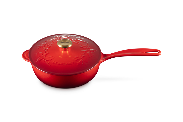 Le Creuset Casserole en Fonte - Bouton Doré - Houx Noël - Rouge Cerise - ø 21 cm / 2 Litre