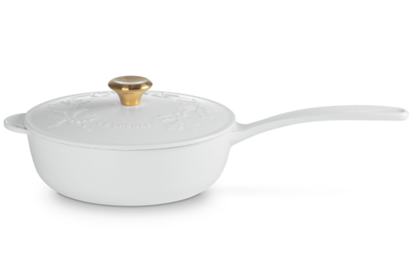 Le Creuset Sauspan Gietijzer - Goudkleurig Knop - Holly Christmas - Wit -  ø 21 cm / 2 Liter