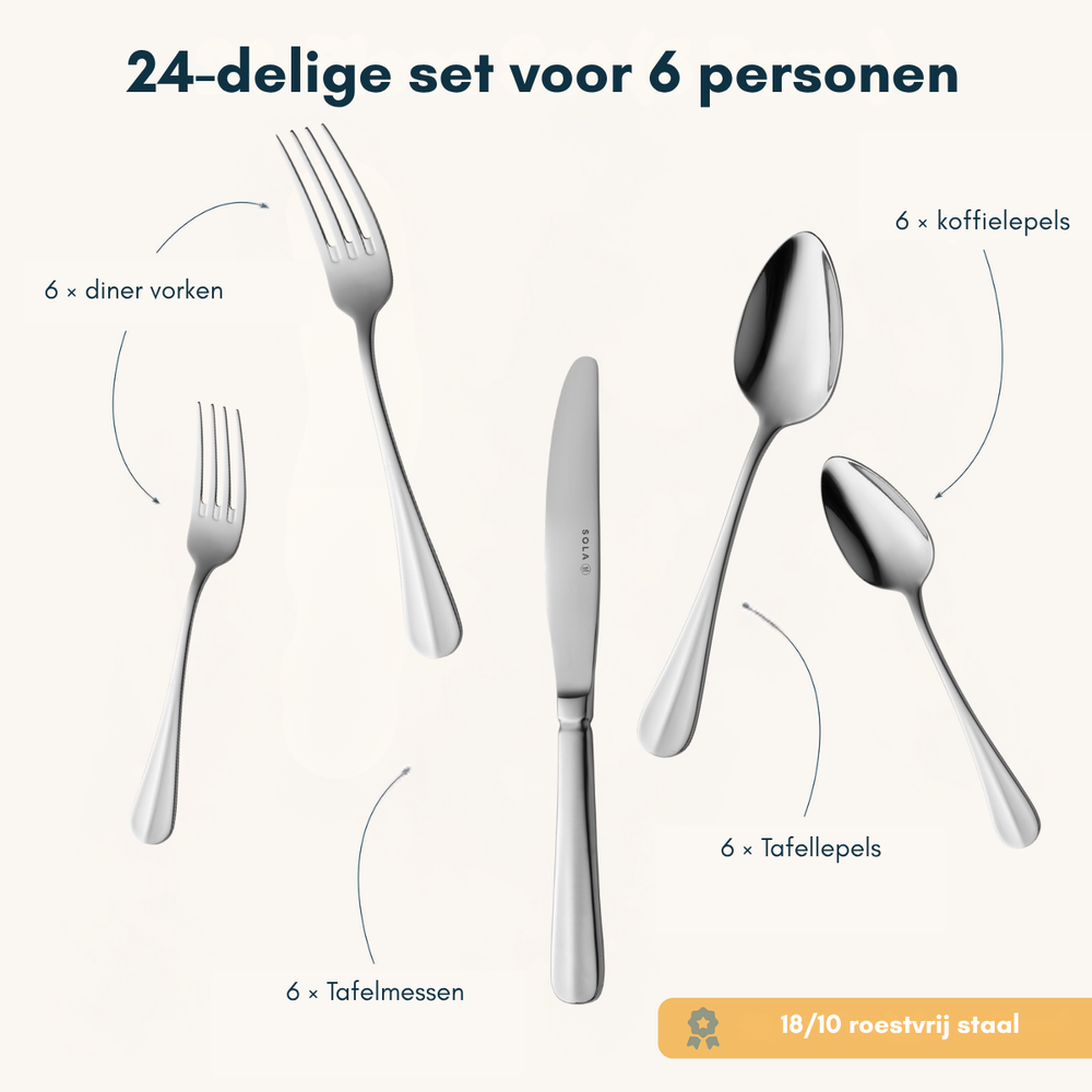 Sola Bestekset Hollands Glad - 18/10 RVS  - 24 delig / 6 personen