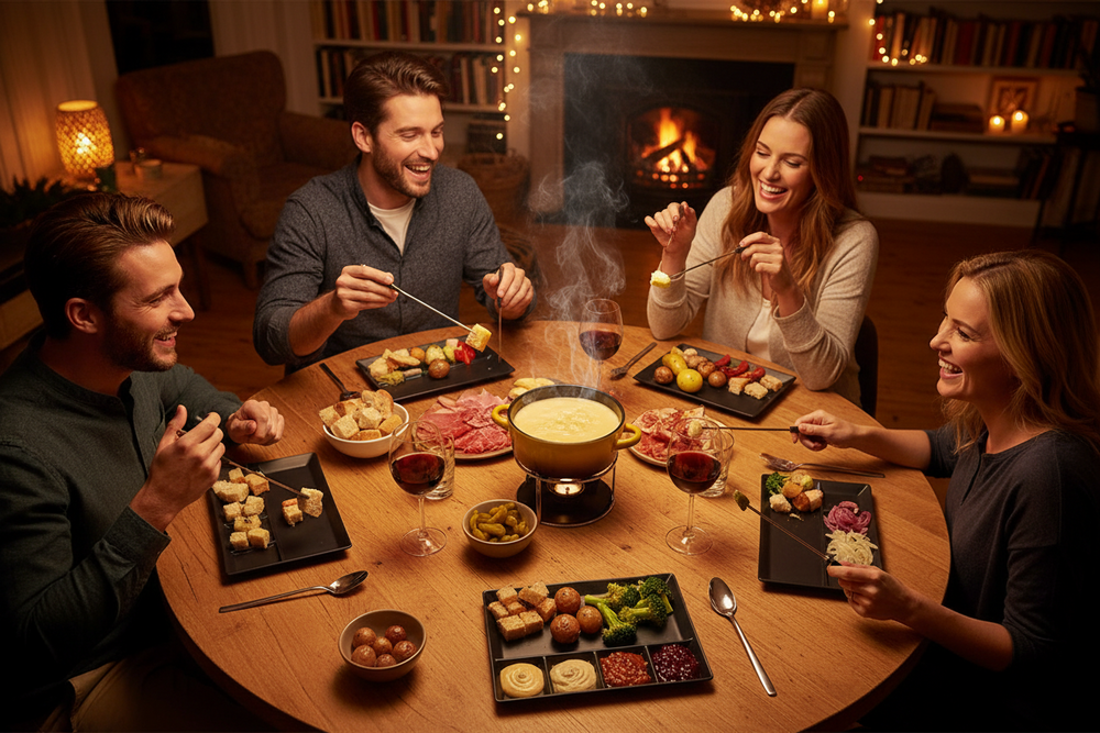 Cookinglife Fondueborden / Gourmetborden / Barbecueborden - 5 vakken - Zwart - 24 x 24 cm - 4 stuks