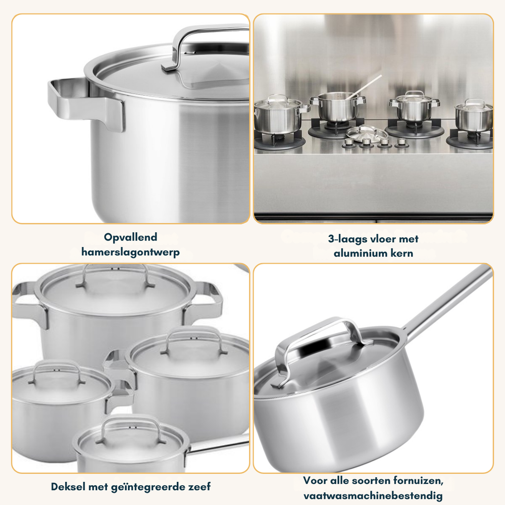 Sola Pannenset Ruby - RVS - Kookpan ø 16, 18, 20, 24 cm & Steelpan ø 16 cm - Inductie geschikt - 5 Delig