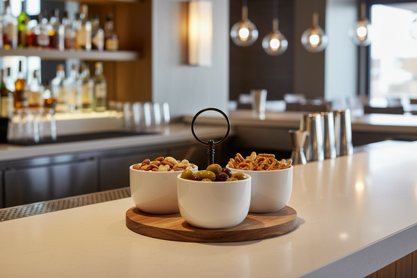 Cookinglife Serveerset / tapasset 4-delig - Acacia Hout ø 19 cm - Met Porseleinen Schaaltjes