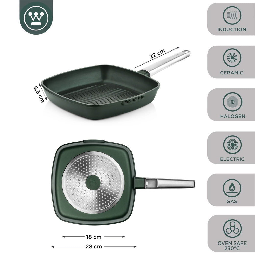 Westinghouse Grill Pan Performance - Gracious Green - 28 x 28 cm - revêtement antiadhésif standard