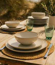 Cookinglife Serviesset Coastal Lines Ocean Beige 18-delig / 6 personen - 6 dinerborden, 6 ontbijtborden en 6 diepe borden