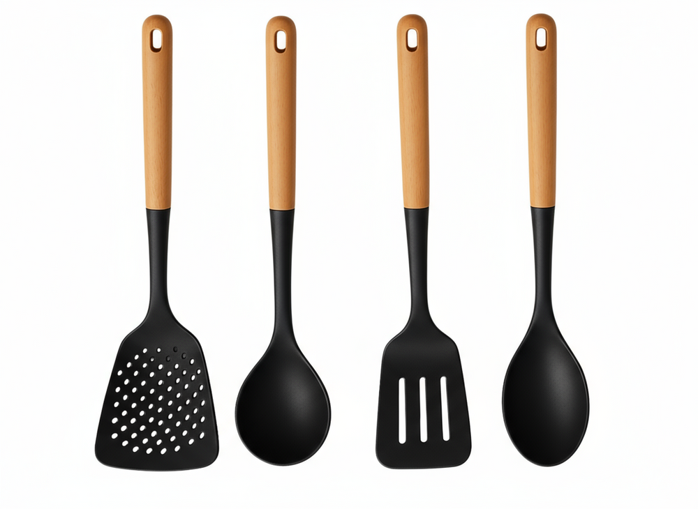 Cookinglife Keukengerei set - Kookgerei set - hout zwart 4 delig - Schuimspaan, soeplepel, bakspaan & opscheplepel