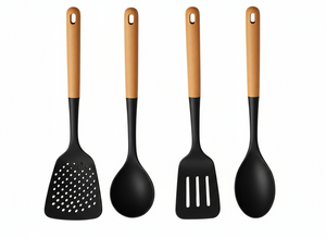 Cookinglife Keukengerei set - Kookgerei set - hout zwart 4 delig - Schuimspaan, soeplepel, bakspaan & opscheplepel