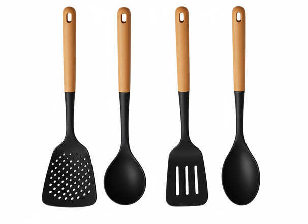Cookinglife Keukengerei set - Kookgerei set - hout zwart 4 delig - Schuimspaan, soeplepel, bakspaan & opscheplepel