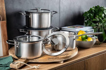 DUCQ Pannenset (Kookpan ø 18 / 20 / 20 cm + Steelpan ø 16 cm) + Deksels - DUCQ Steelpan met deksel - Downdraft - RVS - ø 16 cm RVS - 4 delige set