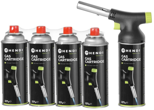 Hendi Creme Brulee Brander / Koksbrander / BBQ Aansteker - met gasbus + Extra Butaan Gas Navullingen - 4 Stuks
