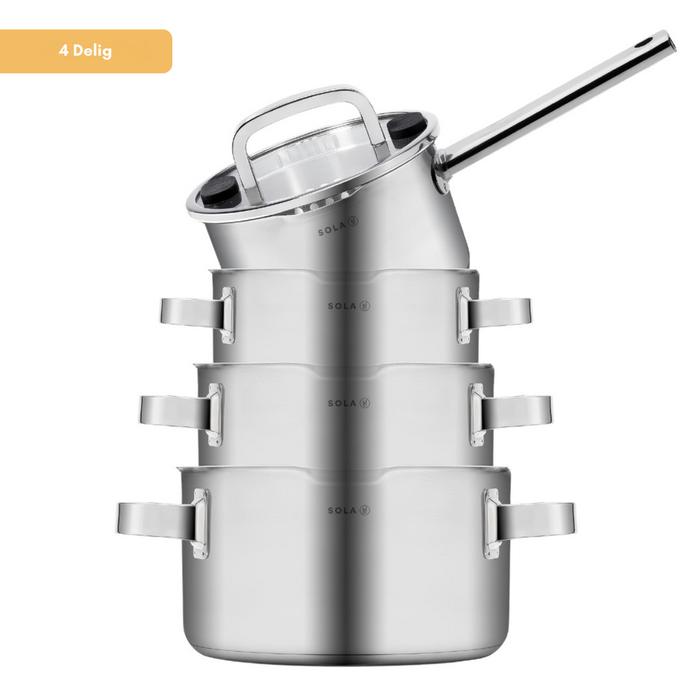 Sola Pannenset Juvia - RVS - Kookpan ø 16, 18, 20 cm & Steelpan ø 16 cm -  Inductie & Downdraft geschikt - 4 Delig