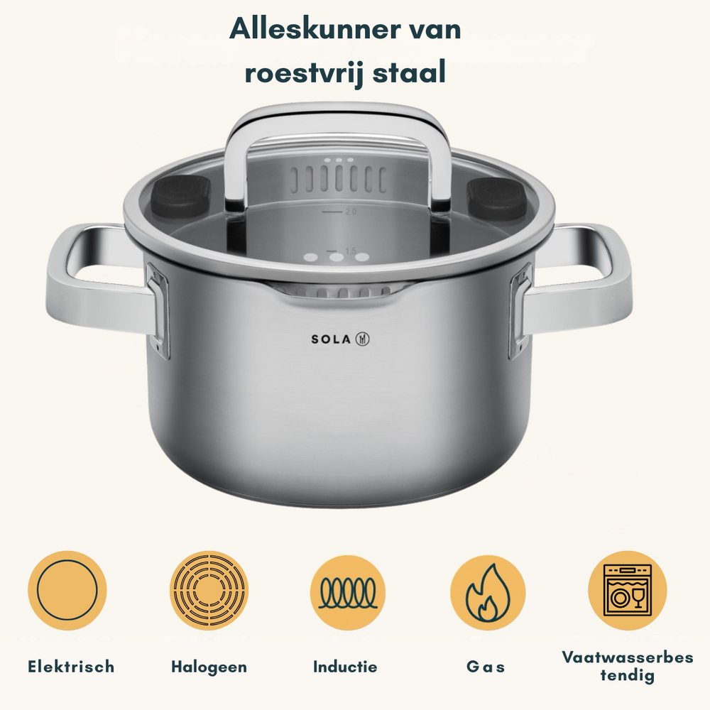 Sola Pannenset Juvia - RVS - Kookpan ø 16, 18, 20, 24 cm & Steelpan ø 16 cm - Inductie & Downdraft geschikt - 5 Delig