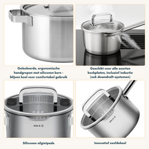Sola Pannenset Juvia - RVS - Kookpan ø 16, 18, 20, 24 cm & Steelpan ø 16 cm - Inductie & Downdraft geschikt - 5 Delig