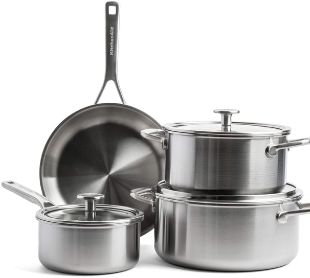 KitchenAid Pannenset Multi-Ply Stainless Steel 4-delig - RVS - Kookpan ø 20, 24 cm, Steelpan ø 16 cm & Koekenpan ø 24 cm