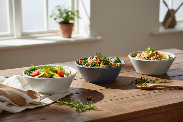 Cookinglife Saladeschalen Siaki - Wit / Blauw / Grijs ø 25 cm - Porselein - 3 stuks