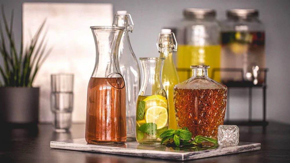 Bormioli Rocco Waterglazen Line Blauw 290 ml - 6 stuks + Cookinglife Karaf 1 Liter